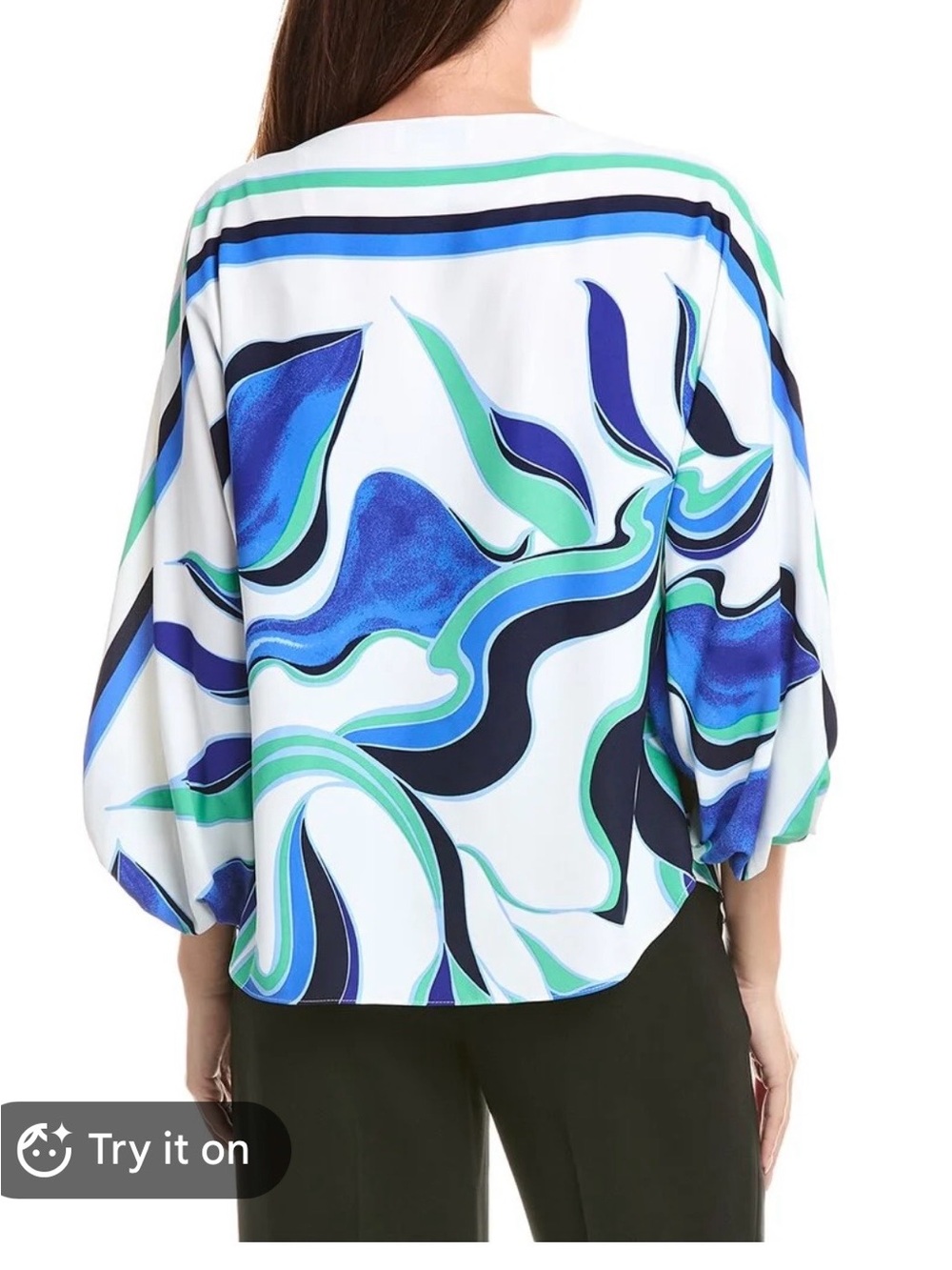 Chico's White Blouse with Blue and Green Abstract Swirl